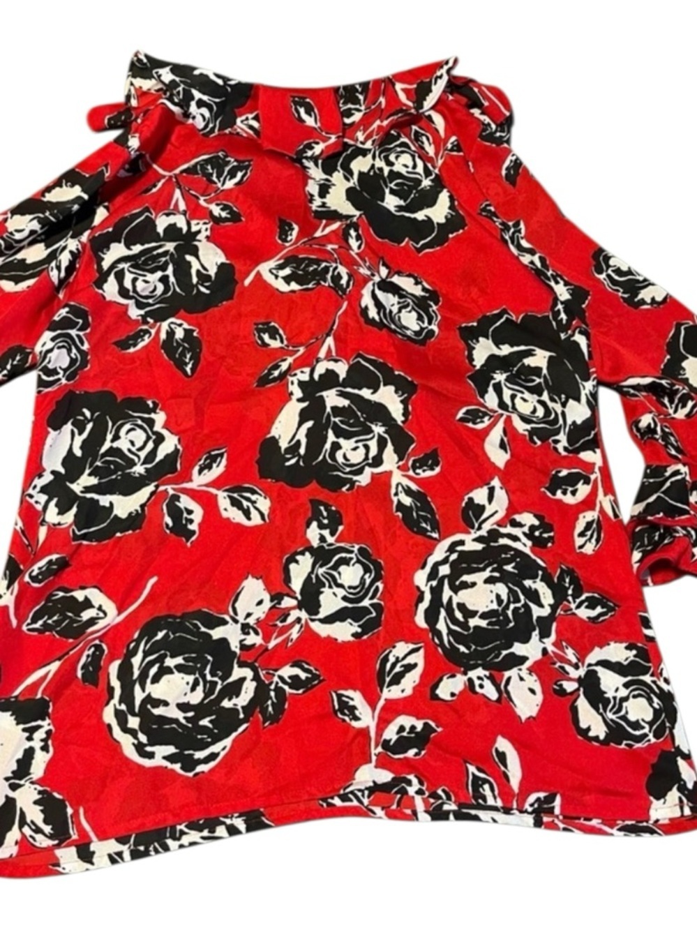 Red Floral Ruffle Blouse Tie Neck Flounce Sleeve Size M - Picture 4 of 5